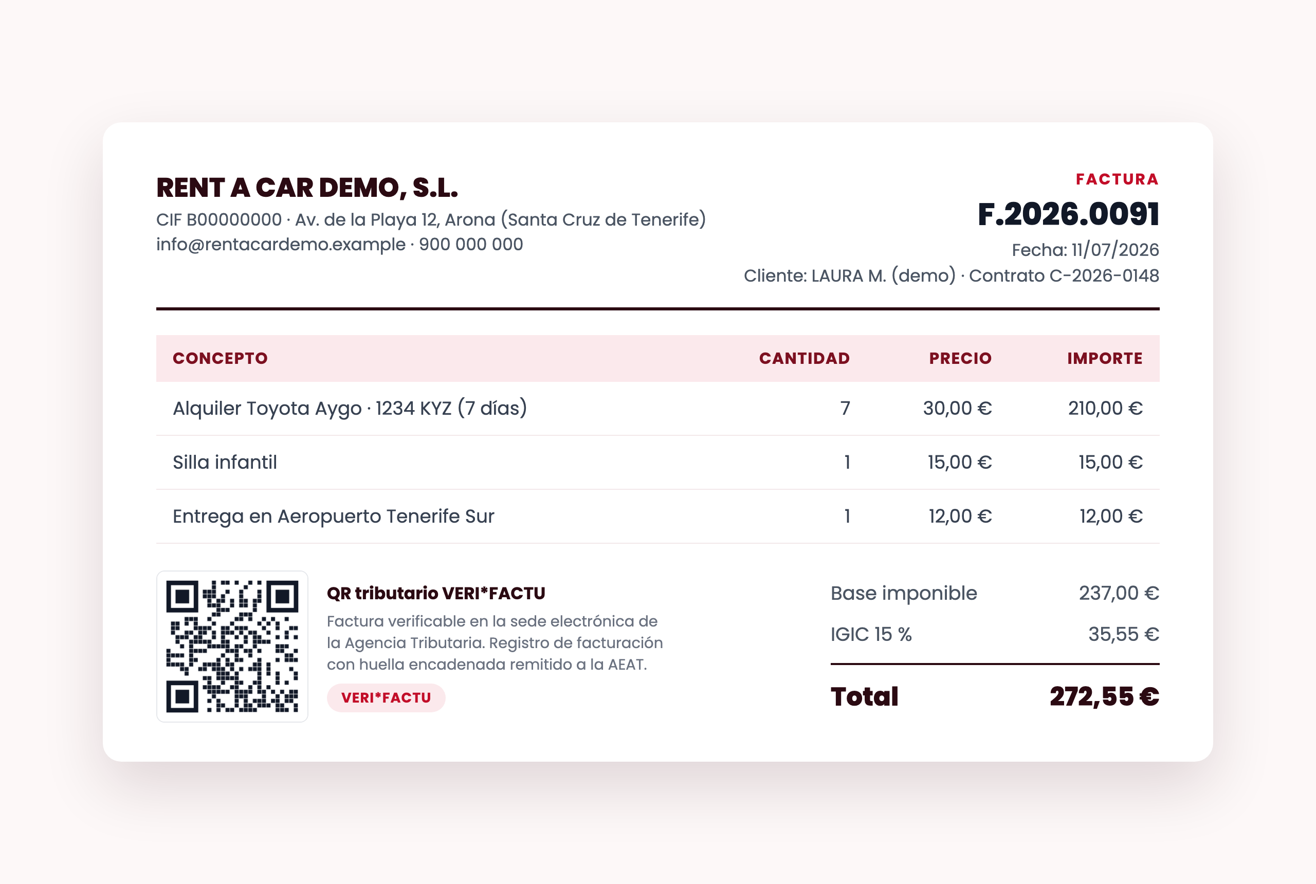 Factura VERI*FACTU de un alquiler de vehículo con QR tributario e impuesto (IGIC o IVA) aplicado