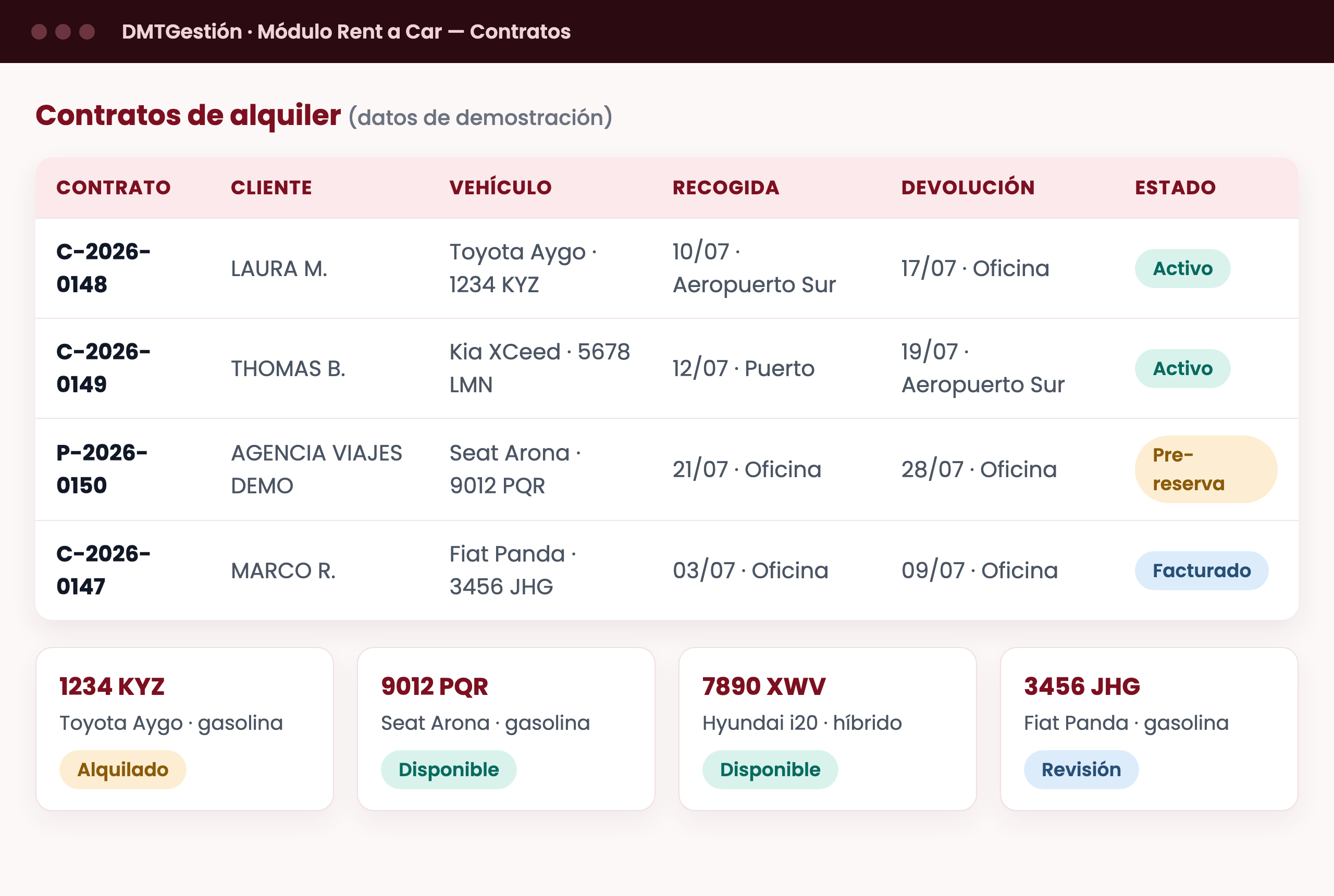 Módulo rent a car de DMTGestión: contratos de alquiler con estados y flota de vehículos