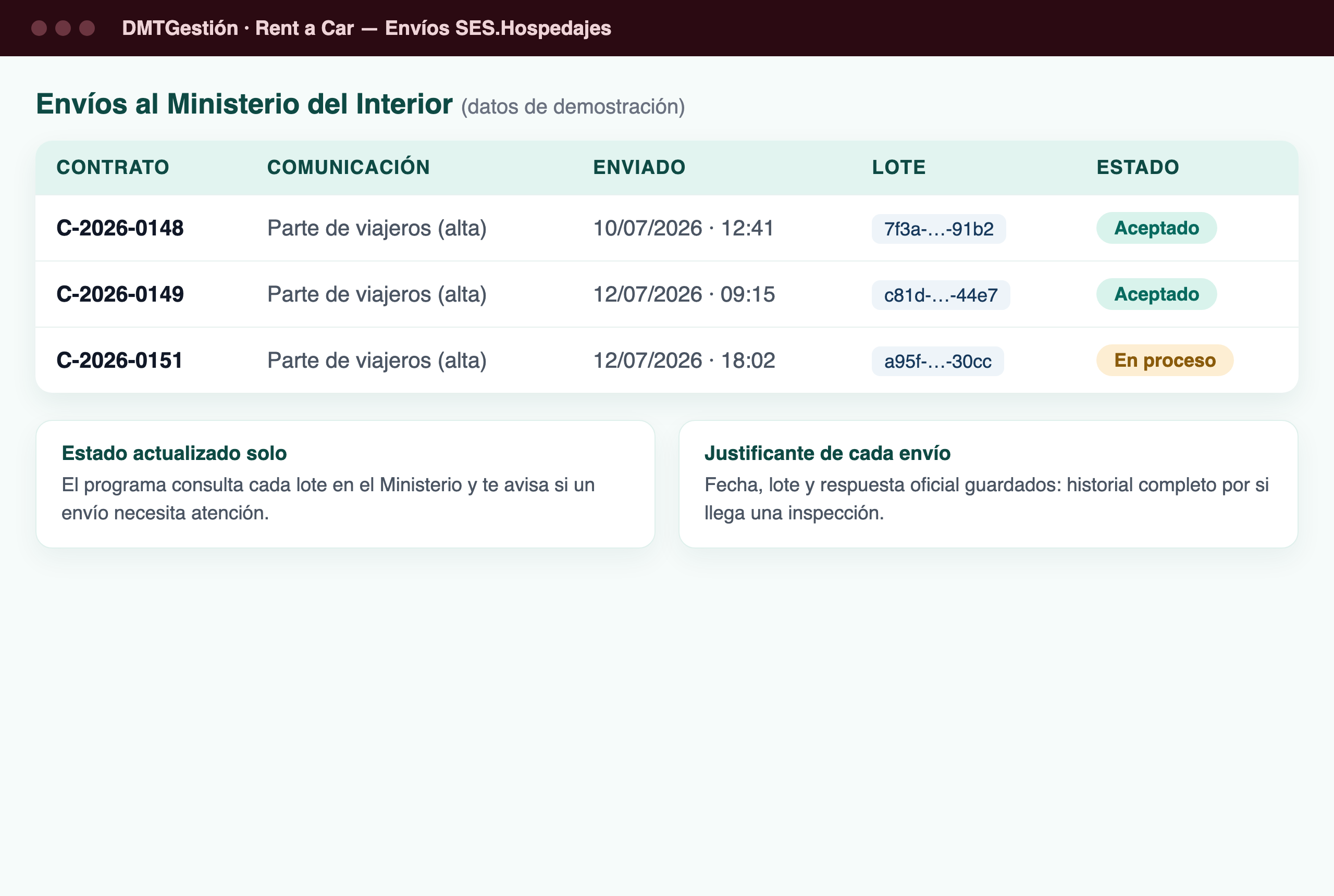 Envíos a SES.Hospedajes desde DMTGestión con lote y estado de cada comunicación al Ministerio